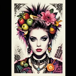 fantasy portrait of a straightedge punk teenager with glam rock hairdo composed of fruit and flowers, intricate, decorative, homoerotic, silkscreen poster, xerox flyer, punk style,
