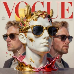 3 d marble statue of fancy head in sunglasses with cactus on it, multiple splashes of golden and red and black paint, liquid white and pink metal, sun, vogue cover style, poster art, high detail, intricate oil painting, multiple exposure, stanley kubrick mood, hyperrealism, 3 d, by tooth wu and wlop and beeple and greg rutkowski