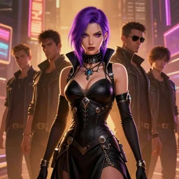 portrait, attractive greek assassin, cyberpunk, purple hair, ornate practical black dress, neon lights, city, octane render, rossdraws, tom bagshaw, ross tran, charlie bowater, ruan jia, greg rutkowski, 1 6 k, warm, character illustration