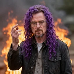 walter white with long purple curly hair, dye, hair, caught, on fire, dressed as teenger
