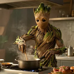 film still of Groot working as a chef stirring a pot with his branches in the new Avengers movie, 4k