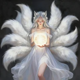 a woman in a white dress holding a glowing ball | with nine white fox tails | a detailed painting by ross tran | wlop and stanley artgerm lau | featured on deviantart | fantasy art | anime | 2 d game art | official art