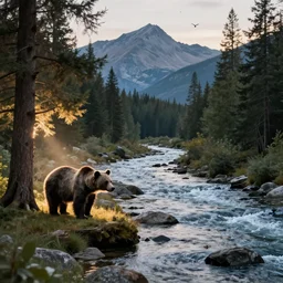 « mountain in the background, a river in the middle ground, trees, a bear near a tree, glowing light, photorealistic, unreal engine 5, sharp focus, some rocks in the river, some birds in the sky, far »