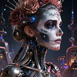 beautiful crying! female android!, vfx side portrait, intricate detailed environment, photorealistic!, octane render, concept art, cinematic lighting, interstellar hyper realism, sharp, cyberpunk, bladerunner, 8 k, el dia los muertos! by angus mckie, moebius, maciej kuciara, stanley lau, artgerm, greg rutkowski