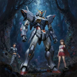 a highly detailed painting of a sleek mecha posing in a dark mystical forest shrouded in nebula magic by android jones, paul lehr, darling in the franxx, trending on artstation, 4 k, 8 k, highly detailed, sharp, oil on canvas