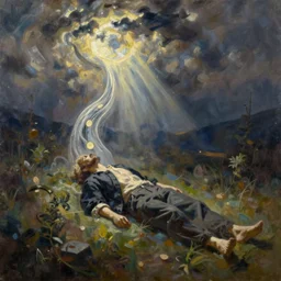 a painting of the flow of time reversing at the moment of the death, oil painting