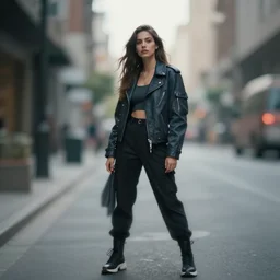 photograph of a techwear woman, long exposure, 1-point perspective, tilt shift, sigma 85mm f/1.4, 4k, depth of field, high resolution, 4k, 8k, hd, full color, octane render