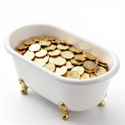 a bathtub full of golden coins, full view, product photography