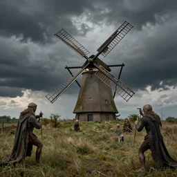 surreal dutch landscape, creatures lurking, dark clouds, windmill, spanish inquisition