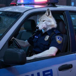 anthro albino wolf police officer sitting in patrol car driver's seat looking bored at night in the rain, neon light, deep focus, highly detailed, digital painting, artstation, concept art, matte, sharp focus, illustration, art by artgerm and greg rutkowski and alphonse mucha