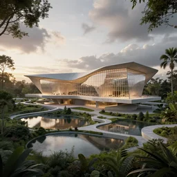 arts center, designed by le corbusier, surrounded by concrete and sprawling jungle, water ponds, volumetric lighting, sunset, metal, concrete, glass, cloudy skies, artstation, 8 k, photorealistic, finely detailed, unreal engine 5, imax, cinematic, epic, architectural rendering, by peter guthrie