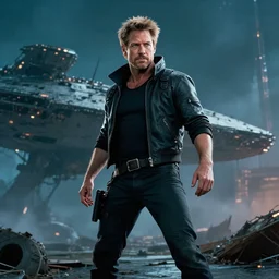 movie still frame, photorealistic, cyberpunk harrison ford in epic pose, a starship wreckage in the background, beautiful composition, 8 k, cgi, by ridley scott