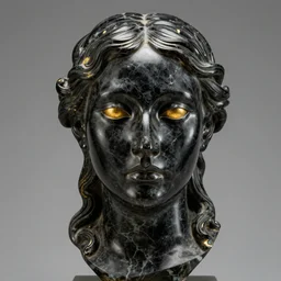 perfect statue of beautiful evil face made from black marble with gold, by johannes voss