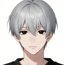 an emotionless anime boy with silver hair that's slicked back and pure black eyes