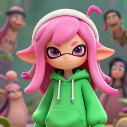 a beautiful portrait of a cute splatoon anime male with pink tentacle hair wearing a green hoodie. character design by cory loftis, fenghua zhong, ryohei hase, ismail inceoglu and ruan jia. artstation, volumetric light, detailed, photorealistic, fantasy, rendered in octane