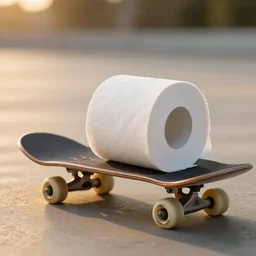 toilet paper on a skateboard in the sunset