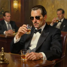 beautiful oil matte portrait painting, mafia boss and his pals drinking whiskey at his 5 0 s new york office space, wonderful masterpiece highly detailed, beautiful cinematic light deep focus, elegant, digital painting, smooth, sharp focus, golden ratio, dramatic illumination, ultra realistic, 8 k, art by jimmy law