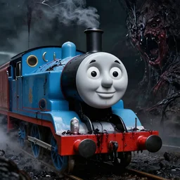 thomas the tank engine in extremely dramatic and horrific setting, 8 k, gooey, slime, black, darkness, body horror, thomas the train, thomas the tank engine face, horror,