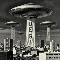 ufos flying mysterious banners over the city, brutalist, sparse detail, by mati klarwein and moebius
