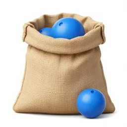 a burlap sack with two blue balls in it