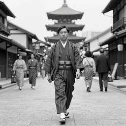 grainy vintage photo of a time traveler walking the streets of 1910s Japan