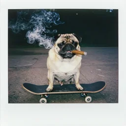 a pug on a skateboard smoking a cigar, polaroid, smoke machine effects, front view, zoom