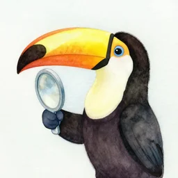 a full toucan holding a mirror, watercolor by little kid