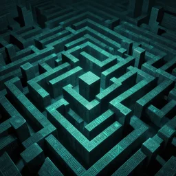 interior of an elaborate labyrinth of runic cubes, dark teal, endless maze - like runes, sharp high detail, masterpiece by satoshi kon, crystal cubism, greeble, tesseract, darksynth, high definition