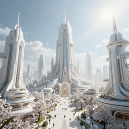 a beautiful utopian city, futuristic, wide angle, utopia white, beautiful light, bloom, optical lens flare