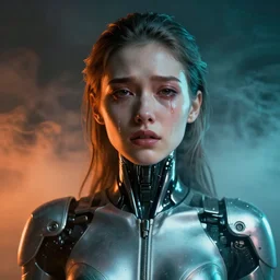 ( ( symmetry ) ) closeup portrait of a chrome stunning cyborg girl crying tears, racer jumpsuit with shoulder pads, strong cinematic light, teal orange, viscous volumetric smoke, mist, by gerald brom, by mikhail vrubel, by peter elson, muted colors, extreme detail, trending on artstation, 8 k