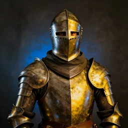 portrait of a man as a knight in armour wearing an open helmet, studio lighting, dark textured background, photo realistic style, multiple lights, yellow ocre tint dominant, blue backlight, grunge and destructured after battle, scratches, marks on iron