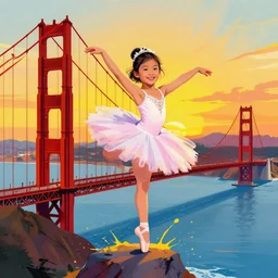 a chinese caucasian mixed race hapa five - year - old girl, dressed as a ballerina, balancing on the golden gate bridge, smiling into the camera, portrait, wide shot, sunset illustration, pop art, splash painting, art by geof darrow, ashley wood, alphonse mucha