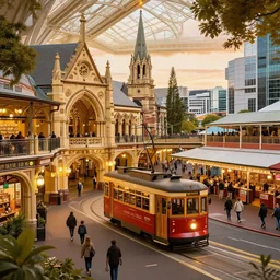 gezellig cosy warm realistic fantasy art of christchurch new zealand. shows cashel mall, tram, te pae, riverside market and turanga library. high quality 8 k art beautiful stunning. intricate. ornate. wonderful. utopian. uplifting. happy. ecstatic.