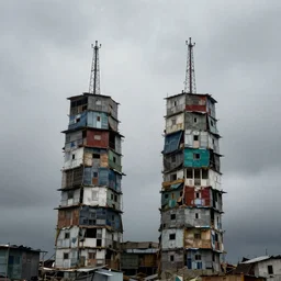 two towers, made up of makeshift squatter shacks with faded colours, moody clludy sky, uneven fog, dystopia, mamiya, f 1 1, fully frontal view, photographed by jeanette hagglund