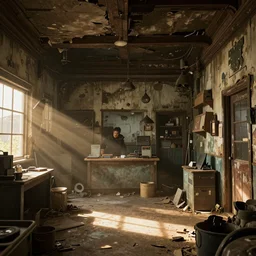 fallout 5, indoors dilapidated shop interior, atmospheric lighting, painted, intricate, volumetric lighting, beautiful, daytime, sunny weather, slight overcast, golden hour, sharp focus, deep colours, ultra detailed, by leesha hannigan, ross tran, thierry doizon, kai carpenter, ignacio fernandez rios