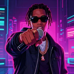 rapper holding microphone into camera, digital art, vapor wave, hip hop, blade runner, trending on Artstation, professional artist, detailed, 4k