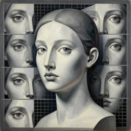 a classic oil painting, geometric 3 d sculpture with long shot collage portraits extruding from the mesh grid, stunning gazes, enticing eyes, figurative, form, human, beauty, elegance, smooth, curves, monochrome, trending on art station