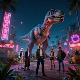 a scene from star wars ( 1 9 7 7 ) that takes place in a dinosaur park in the night time, vaporwave aesthetic, neon signs, superliminal 8 k uhd, unreal engine, octane render in the artstyle of finnian macmanus, john park and greg rutkowski