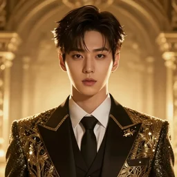 jungkook jeon as a vampire. wearing intricate styled suit, semi realism, anime realism, korean symmetrical face, slim face, appealing, bright eyes, slightly larger nose, photorealism, korean, korean uhd, amazing depth, glowing, golden ratio, sakimichan, greg rutowski, volumetric lighting, cinematic lighting, korean korean, artstation concept art