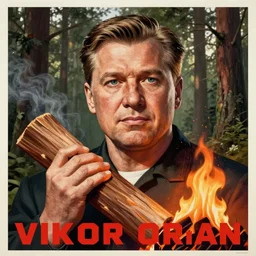 soviet propaganda poster of viktor orban in a forest, highly detailed face, holding a wood piece, setting fire
