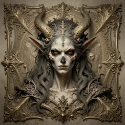 perfectly centered portrait front view of a angry dead rotten beautiful female daemon growing ornamentation all around, ornate, detailed, symmetrical, elegant, beautifully soft lit, by wayne barlowe, peter mohrbacher, kelly mckernan