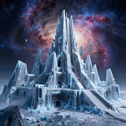 arctic monster ice castle in the chaos nebula, detailed angular architecture, geometric ramparts, huge battlements, brutalist design, heavy metal infrastructure, space, nebulae, by greg rutkowski, jim starlin and artstation, epic cosmic atmosphere, planets, photorealism, complex color scheme, uhd