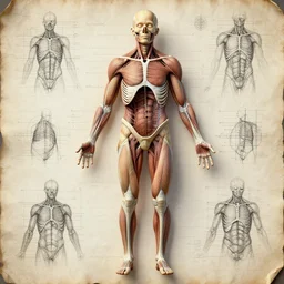 a concept of a detailed and intricate design of a full body of human anatomy, 3 d design, great finesse organic hyper detailed, engineering blueprints, technical drawings, calculus, stained paper, hyperrealistic, ultra detailed, 4 k, octane render, unreal engine