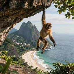 a monkey hanging from a stone, epic high vista brazil beach