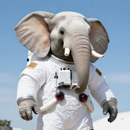 selfie of giant elephant in white spacesuit as astronaut elephant