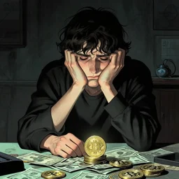 wojak losing all his money again in the crypto dump, sad guy, cinematic still by Bernie Wrightson