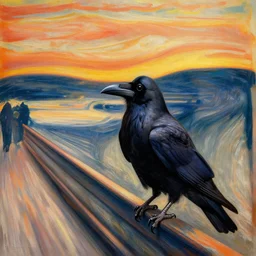 raven bird, epic digital art, realistic, extreme detail, by edvard munch of artistic form coming into being as two elements are successfully fused.