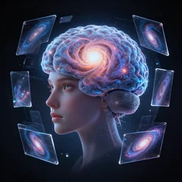 cosmic fractal brain + fantasy portrait + suspended hd screens transparent overlays metaverse