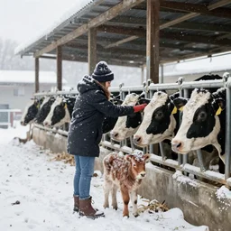a girl tending cows in a barn, deep winter, heavy snow, babe ( 1 9 9 5 )