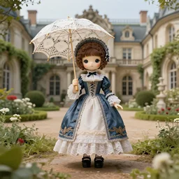 A full-body portrait of a dollfie wearing victorian clothes and holding a lace parasol in an overgrown baroque palace courtyard, artwork by mark Ryden and Jasmine Becket-Griffith, 4k insane detail, pop surrealism